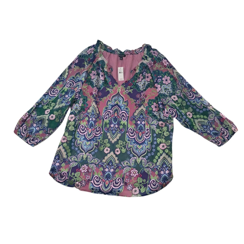 NWT Talbots Top Women's Large Pink Green Elaborate Medallion Colorful 3/4 Sleeve